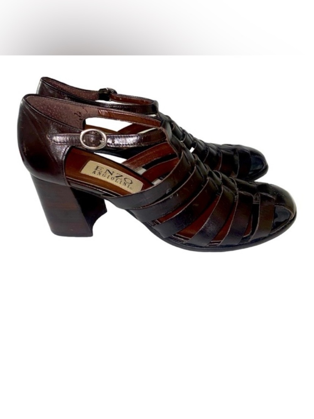 Enzo Angiolini Dark Brown Leather Strappy Block Heels